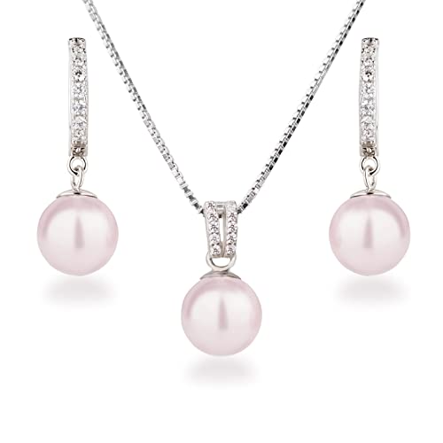 Schöner-SD Perlenset Halskette Creolen-Ohrringe 925 Silber Rhodium hell-rosa von Schöner-SD
