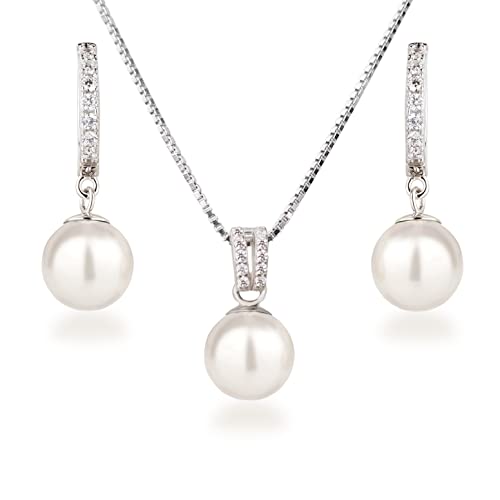 Schöner-SD Perlenset Halskette Creolen-Ohrringe 925 Silber Rhodium weiß von Schöner-SD