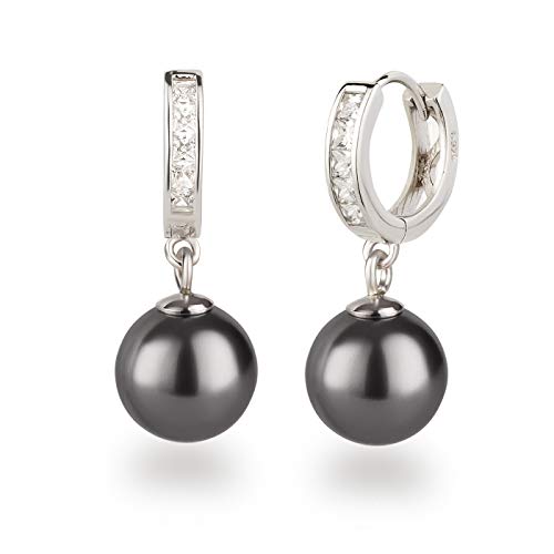 Schöner-SD Creolen Ohrhänger 925 Silber Rhodium mit 10mm Perle Kugel dunkel-grau anthrazit von Schöner Schmuck-Design