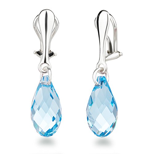 Schöner-SD Ohrclips Hänger 925 Silber Ohrringe Clip mit 17mm Kristall Briolette Aquamarin blau von Schöner Schmuck-Design