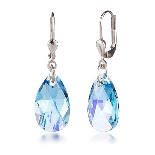 Schöner-SD Ohrringe 925 Silber mit Marken-Kristall Tropfen hängend 16mm Aquamarin AB hell-blau von Schöner Schmuck-Design