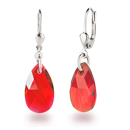 Schöner-SD Ohrringe 925 Silber mit Marken-Kristall Tropfen hängend 16mm Light Siam Rot von Schöner Schmuck-Design