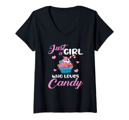 Damen Just a Girl Who loves Candy Cupcake Muffin Süßigkeiten Torte T-Shirt mit V-Ausschnitt von Schokolade Köchin Bonbons Backen Desserts Naschen