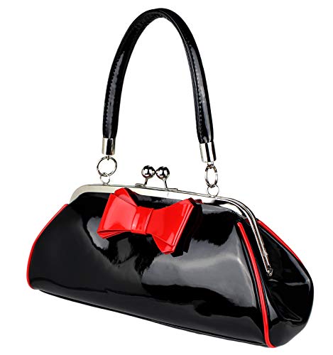 Schompi Damen Vintage Lack-Tasche mit Dekorativer Schleife, Schwarz Rot, Retro, Rockabilly Handtasche Abendtasche, Farbe:Schwarz von Schompi