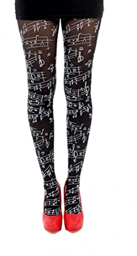 Schompi Damen Strumpfhose Musiknoten Schwarz - Flocked Musical Notes Tights Black, Größe:Einheitsgröße von Schompi