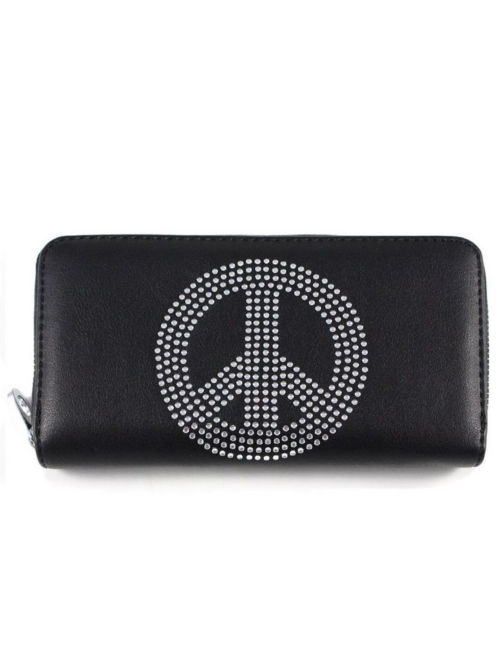 Schompi Geldbörse XL Portemonnaie Friedenszeichen Peace Sign Strass Brieftasche mit Handyfach, Handytasche Groß Querformat Lang von Schompi