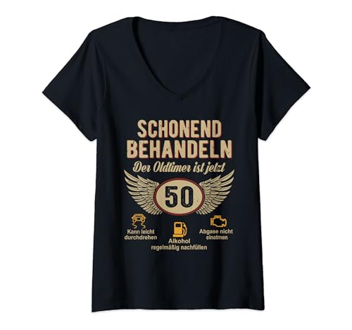Damen 50. Geburtstag Schonend Behandeln Oldtimer Ist 50 Jahre T-Shirt mit V-Ausschnitt Damen 50. Geburtstag Schonend Behandeln Oldtimer Ist 50 Jahre T-Shirt mit V-Ausschnitt von Schonend Behandeln Das gute Stück ist 50 Geschenk