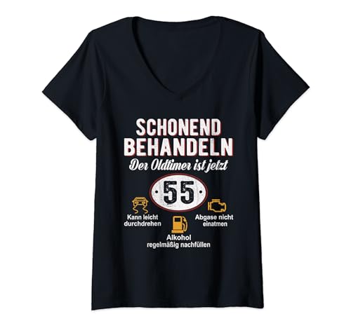 Damen 55. Geburtstag Schonend Behandeln Oldtimer Ist 55 Jahre T-Shirt mit V-Ausschnitt von Schonend Behandeln Das gute Stück ist 55 Geschenk