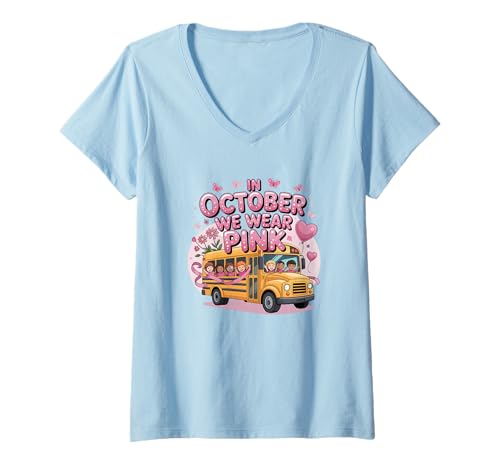 Damen Schulbus im Oktober tragen wir rosa Brustkrebs-Bewusstsein T-Shirt mit V-Ausschnitt Damen Schulbus im Oktober tragen wir rosa Brustkrebs-Bewusstsein T-Shirt mit V-Ausschnitt von School Bus Breast Cancer Awareness Women's Shirt