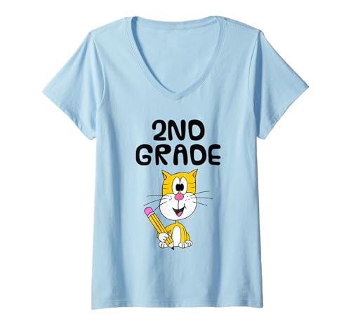 Damen Katze der 2. Klasse, Zurück zur Schule, Lehrer T-Shirt mit V-Ausschnitt Damen Katze der 2. Klasse, Zurück zur Schule, Lehrer T-Shirt mit V-Ausschnitt von School Cat 2nd Grade Teacher By DoodleRob