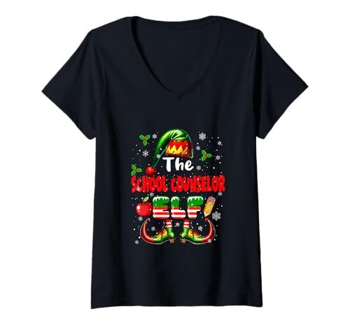 Damen Das Elf Christmas Job Team von School Counselor Matching Parties T-Shirt mit V-Ausschnitt von School Counselor Christmas Costume