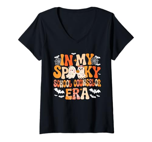 Damen In My Spooky Funny School Counselor Era Halloween Boo Ghost T-Shirt mit V-Ausschnitt von School Counselor Halloween Costume