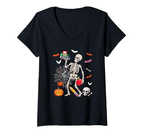Damen Schulberater Job Horror Skelett Halloween Kostüm Team T-Shirt mit V-Ausschnitt von School Counselor Halloween Costume