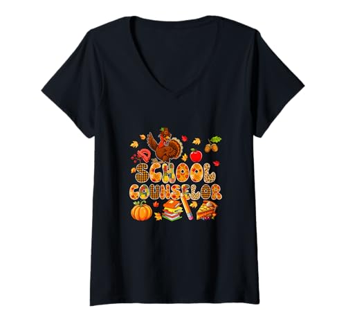 Damen School Counselor Thanksgiving Turkey Sunglasses Leopard T-Shirt mit V-Ausschnitt Damen School Counselor Thanksgiving Turkey Sunglasses Leopard T-Shirt mit V-Ausschnitt von School Counselor Thanksgiving Costume