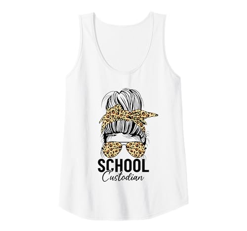 Damen Schulkustodian Messy Bun Leopard Lustiger Custodial Worker Tank Top von School Custodian Shirts for Women Men