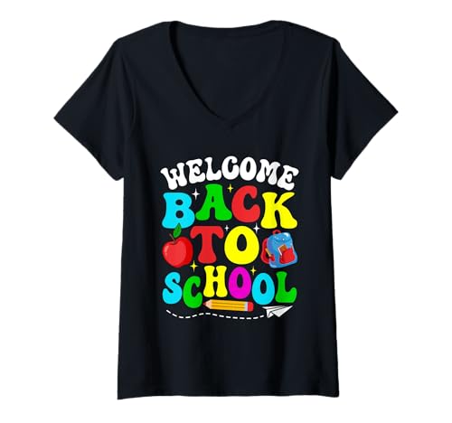 Damen Lustiges, buntes Schulanfangs-Thema T-Shirt mit V-Ausschnitt von School Days Style