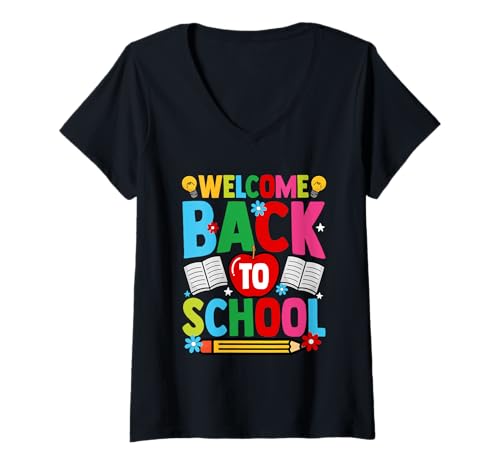 Damen Buntes Design "Welcome Back to School" T-Shirt mit V-Ausschnitt Damen Buntes Design "Welcome Back to School" T-Shirt mit V-Ausschnitt von School Days