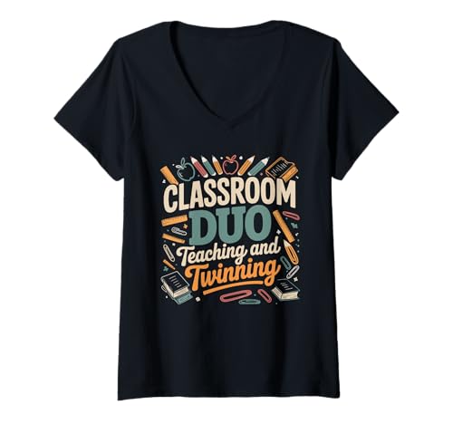 Damen Klassenzimmer Duo Teaching and Twinning Teacher T-Shirt mit V-Ausschnitt Damen Klassenzimmer Duo Teaching and Twinning Teacher T-Shirt mit V-Ausschnitt von School Designs By ShirtZilla