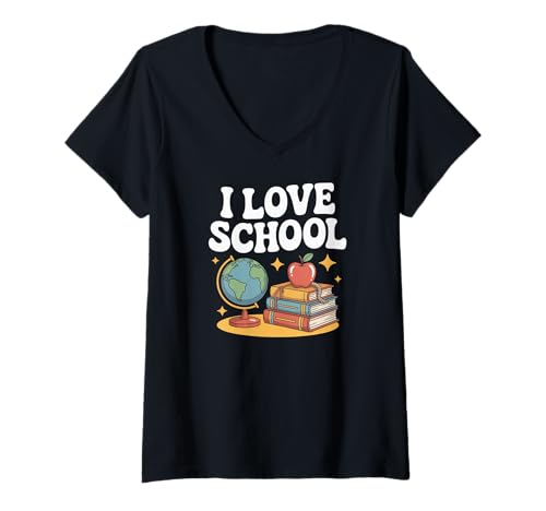 Damen Ich liebe School Globe Apple Books Learning T-Shirt mit V-Ausschnitt Damen Ich liebe School Globe Apple Books Learning T-Shirt mit V-Ausschnitt von School Enthusiasts Education Fun Learning