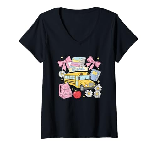 Damen Schulbus Apple Rucksack Bücher Blumen T-Shirt mit V-Ausschnitt Damen Schulbus Apple Rucksack Bücher Blumen T-Shirt mit V-Ausschnitt von School Journey Backpack Bows Books