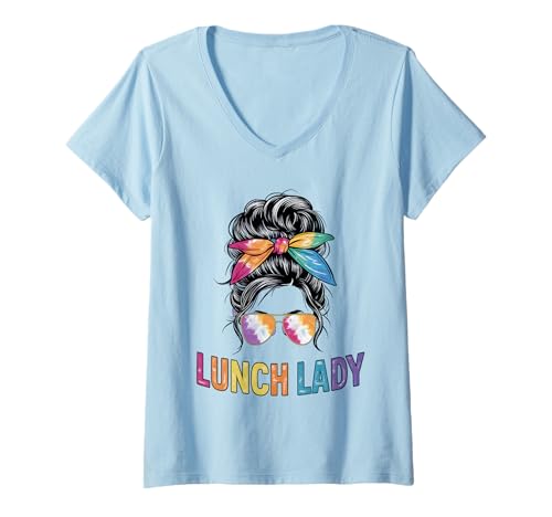 Damen Lunch Lady Messy Bun Batik Dye Mittagessen für Damen, Cafeteria-Crew T-Shirt mit V-Ausschnitt Damen Lunch Lady Messy Bun Batik Dye Mittagessen für Damen, Cafeteria-Crew T-Shirt mit V-Ausschnitt von School Lunch Lady Squad - Cafeteria Crew Apparel