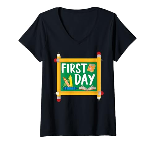 Damen Schule - Erster Tag T-Shirt mit V-Ausschnitt Damen Schule - Erster Tag T-Shirt mit V-Ausschnitt von School Mood Apparel