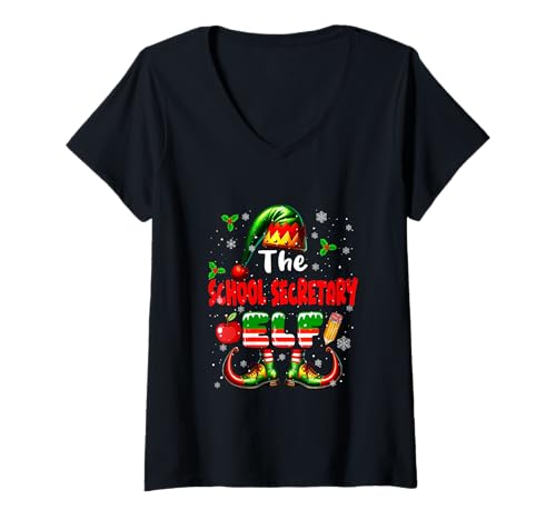 Damen Die Schulsekretärin Elf Christmas Job Team Matching Partys T-Shirt mit V-Ausschnitt Damen Die Schulsekretärin Elf Christmas Job Team Matching Partys T-Shirt mit V-Ausschnitt von School Secretary Christmas Costume