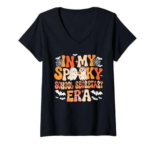 Damen In My Spooky Funny School Secretary Era Halloween Boo Ghost T-Shirt mit V-Ausschnitt von School Secretary Halloween Costume