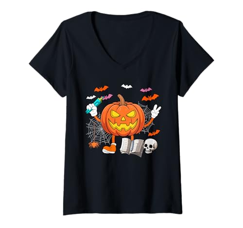 Damen Schulsekretärin Job Horror geschnitzt Kürbis Halloween Team T-Shirt mit V-Ausschnitt von School Secretary Halloween Costume