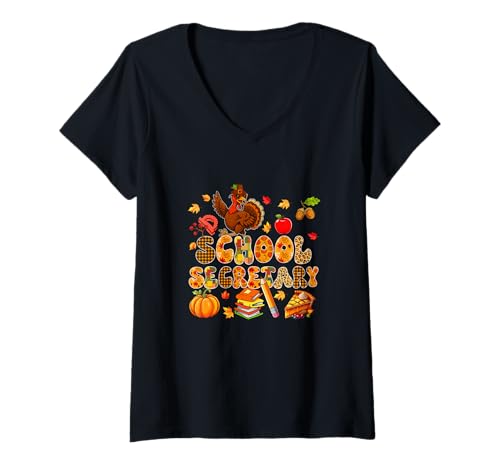 Damen School Secretary Thanksgiving Turkey Sunglasses Leopard T-Shirt mit V-Ausschnitt von School Secretary Thanksgiving Costume