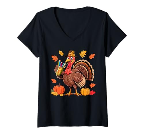 Damen Schulsekretär Job Thanksgiving Türkei Herbst Blätter Kürbis T-Shirt mit V-Ausschnitt von School Secretary Thanksgiving Costume
