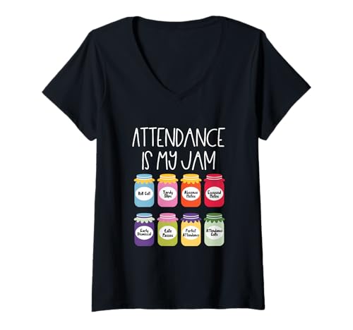 Damen Attendance is My Jam - Schulsekretär & Anwesenheitsangestellter T-Shirt mit V-Ausschnitt Damen Attendance is My Jam - Schulsekretär & Anwesenheitsangestellter T-Shirt mit V-Ausschnitt von School Secretary & Attendance Back to School Vibes