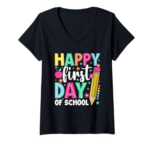 Damen Happy Day Back to School Fun Schriftzug T-Shirt mit V-Ausschnitt Damen Happy Day Back to School Fun Schriftzug T-Shirt mit V-Ausschnitt von School Spirit Designs