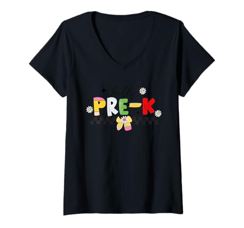 Damen Cute Hello Pre-K - Fun Back To School Kids Teachers Students T-Shirt mit V-Ausschnitt von School Staff Apparel.USA