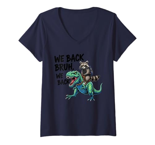 Damen Lustiger Schulanfang Waschbär reiten Dinosaurier Student Lehrer T-Shirt mit V-Ausschnitt Damen Lustiger Schulanfang Waschbär reiten Dinosaurier Student Lehrer T-Shirt mit V-Ausschnitt von School Staff Apparel.USA