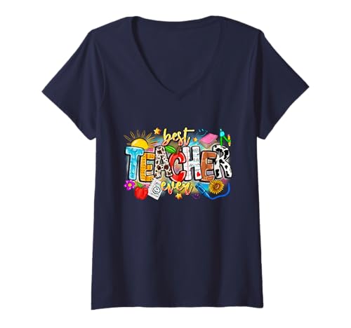 Damen Niedliche Lehrer-Wertschätzung – Sonnenblume Best Teacher Ever T-Shirt mit V-Ausschnitt von School Staff Apparel.USA
