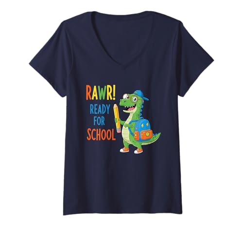 Damen Rawr Ready for School Cute Dinosaurier Back to School Students T-Shirt mit V-Ausschnitt von School Staff Apparel.USA