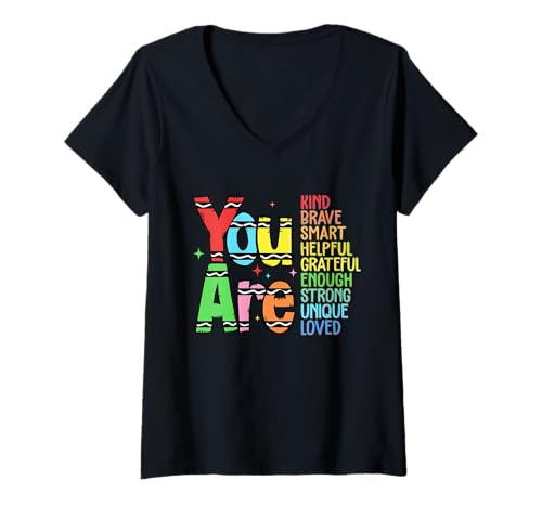 Damen Retro You Are Kind Smart Brave Teacher - Cute Back To School T-Shirt mit V-Ausschnitt von School Staff Apparel.USA