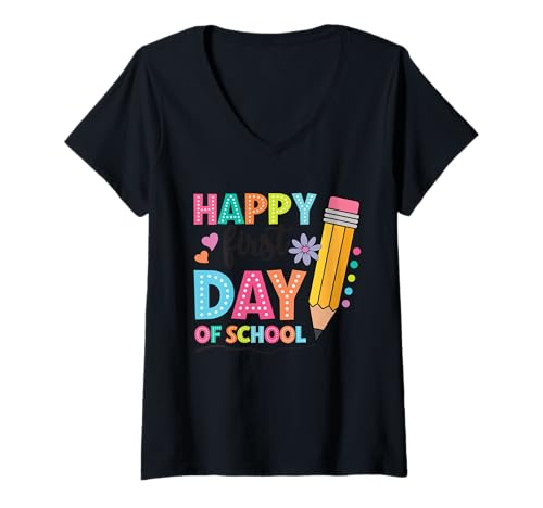 Damen Spaß Happy First Day Of School - Niedliche Lehrer Schüler Kinder T-Shirt mit V-Ausschnitt von School Staff Apparel.USA