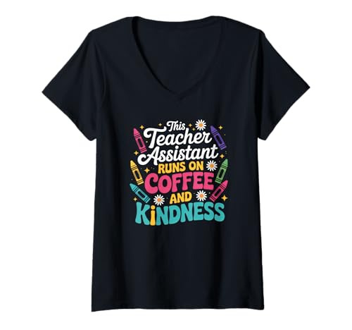 Damen Lehrerassistentin, Mitarbeiter der Coffee and Kindness School T-Shirt mit V-Ausschnitt Damen Lehrerassistentin, Mitarbeiter der Coffee and Kindness School T-Shirt mit V-Ausschnitt von School Teacher Aides