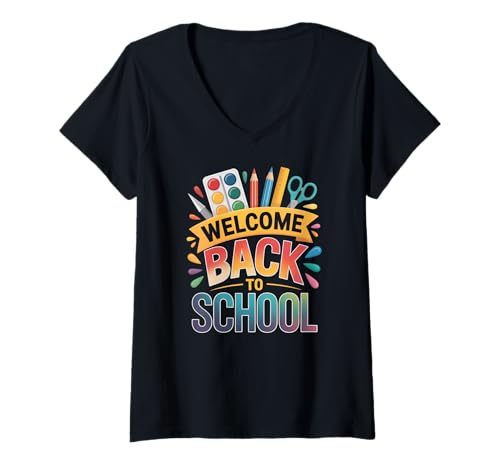 Damen Welcome Back to School T-Shirt mit V-Ausschnitt von School Teachers Cafeteria Back Secretly Year Catch