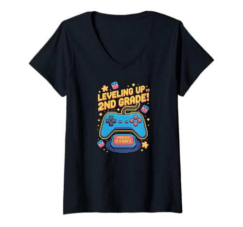 Damen Bis zur 2. Klasse für Gamer aufsteigen (8-Bit-Pixel-Stil) T-Shirt mit V-Ausschnitt von School Time Vibes Apparel Gifts by Anastasia