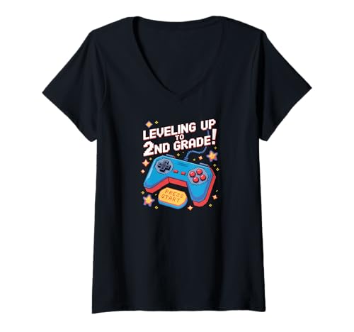 Damen Bis zur 2. Klasse für Gamer aufsteigen (8-Bit-Pixel-Stil) T-Shirt mit V-Ausschnitt von School Time Vibes Apparel Gifts by Anastasia