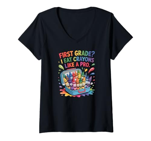 Damen Lustiger Buntstift-Humor für die erste Klasse T-Shirt mit V-Ausschnitt von School Time Vibes Apparel Gifts by Anastasia