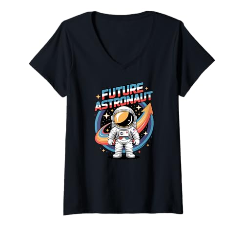 Damen Weltraum-Cartoon „Der zukünftige Astronaut kehrt zurück zur Schule“ T-Shirt mit V-Ausschnitt Damen Weltraum-Cartoon „Der zukünftige Astronaut kehrt zurück zur Schule“ T-Shirt mit V-Ausschnitt von School Time Vibes Apparel Gifts by Anastasia