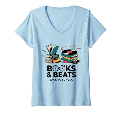 Damen Bücher und Beats Back to School Musikdesign T-Shirt mit V-Ausschnitt Damen Bücher und Beats Back to School Musikdesign T-Shirt mit V-Ausschnitt von School Vibes Apparel Co.