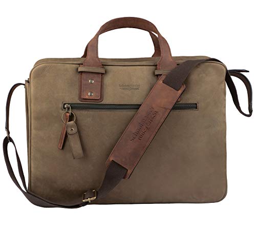 Schoolmaster by Ruitertassen Premium Bag - olive, Luxus Ledertasche & Aktentasche im Xl-Format, viele Innenfächer, Umhängetasche & Laptoptasche für Damen & Herren, Lehrertasche von Schoolmaster