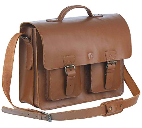 Schoolmaster classic in Cognac, stilvolle Lehrertasche & Aktentasche aus echtem Leder, viele Innenfächer, Umhängetasche für Damen & Herren, 40 x 32 x 18 cm, braun von Schoolmaster