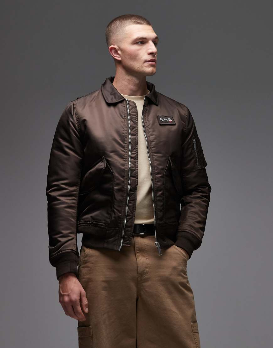 Schott - Wattierte Cropped Jacke in Dunkelbraun mit Logo-Aufnäher und Reißverschlusstasche-Brown von Schott