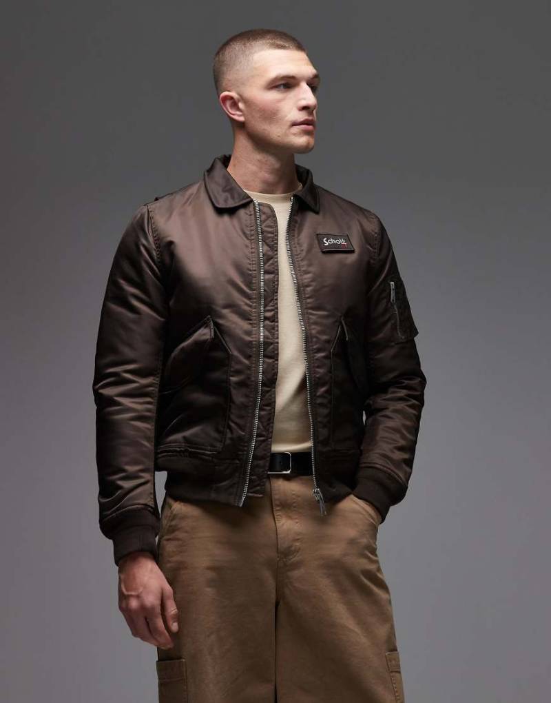 Schott - Wattierte Cropped Jacke in Dunkelbraun mit Logo-Aufnäher und Reißverschlusstasche-Brown von Schott